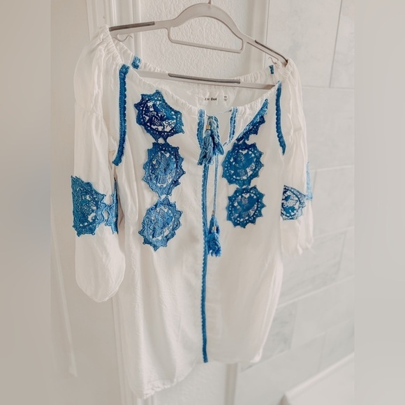 Line + Dot Boho White Beach Cover-Up Blue Embroidery Tassel Tie XS - Picture 15 of 15
